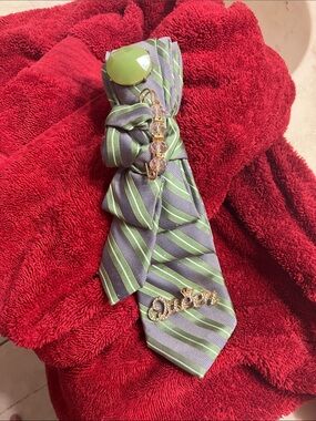 Green Striped Bow Tie Scarf with 'Queen' Charm
